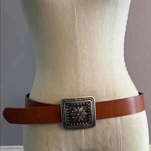 Belgo Lux Brown Leather Belt with Italian Silvertone large square flower buckle